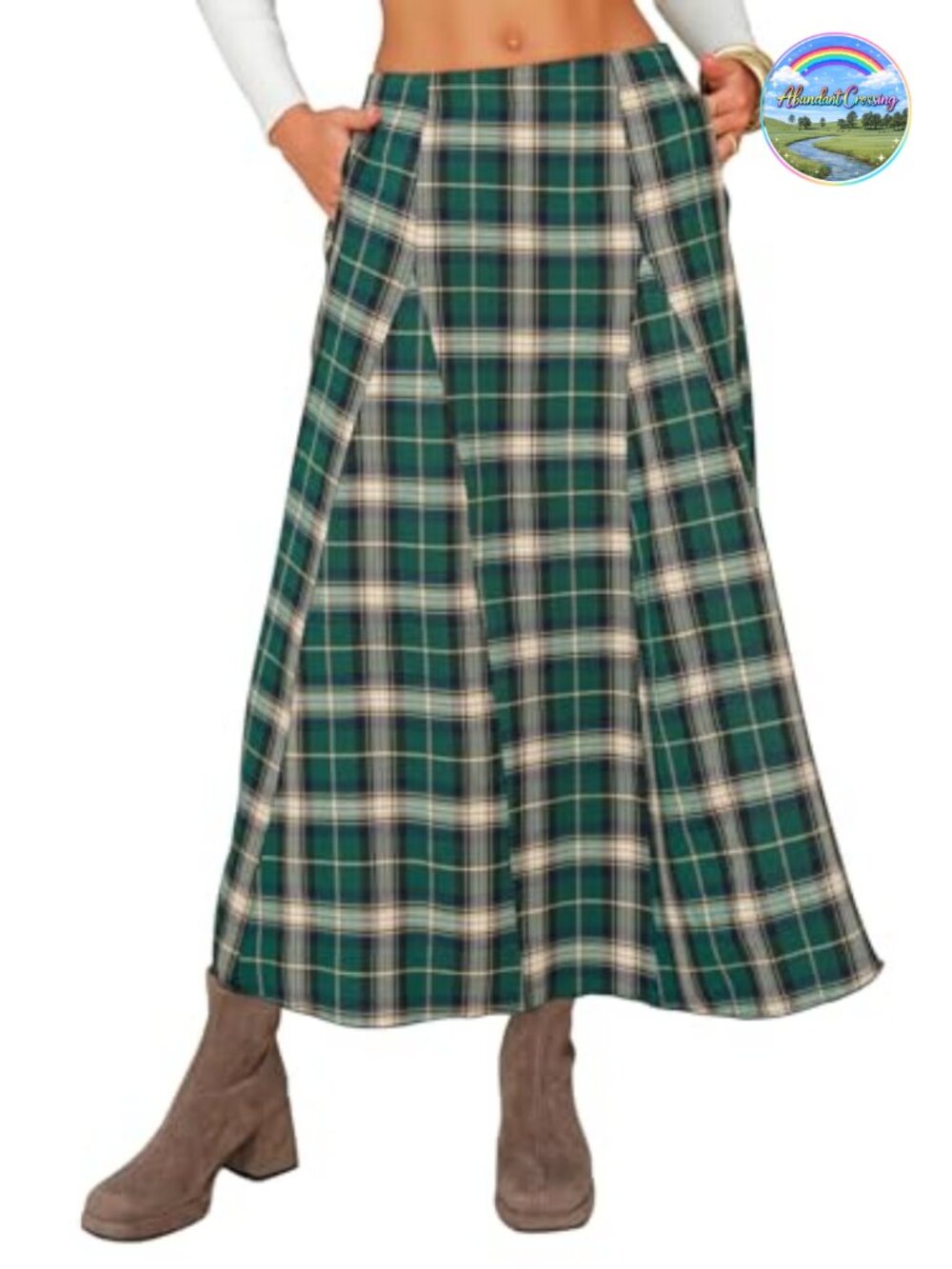 Womens Flannel Plaid High Waist A Line Pleated Maxi Skirt with Pockets